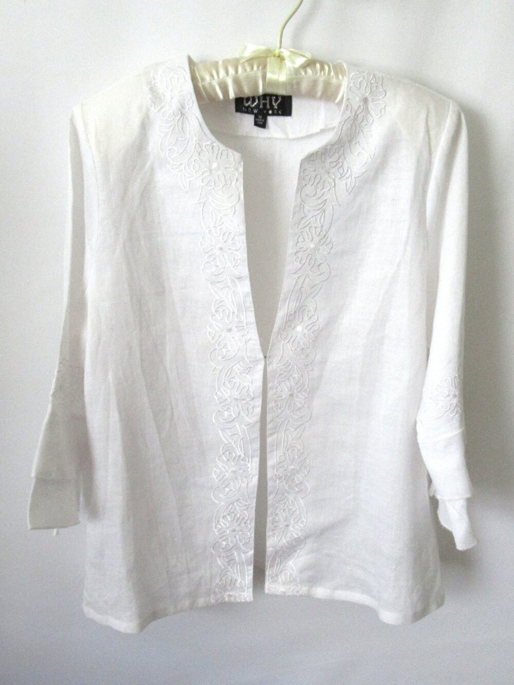 WHY New York white linen embroidered open front 3/4 slv shirt/tunic *Sz 12*